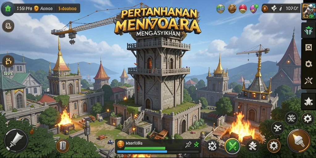 Tampilan gameplay seru dengan menara bertahan melawan gelombang musuh.