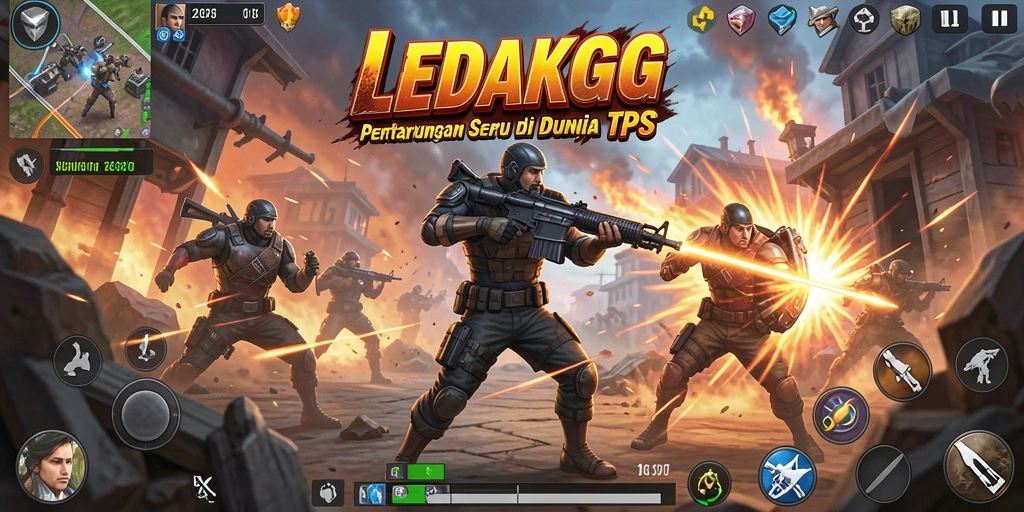 Tampilan screenshot game <strong>LEDAKGG</strong> menampilkan aksi pertempuran seru di medan TPS.