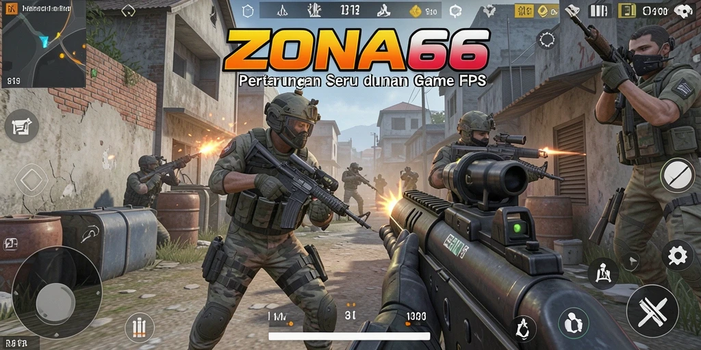 Screenshot gameplay ZONA66 dengan aksi tembak-menembak yang intens.